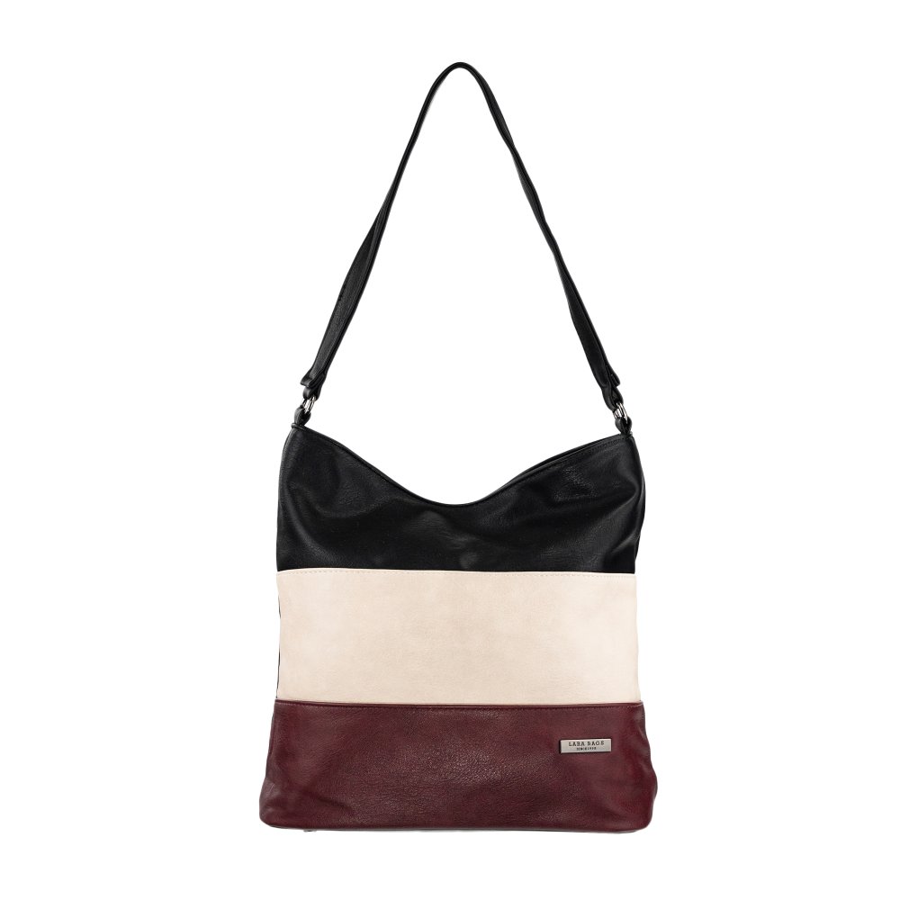 Lara Bags TOMMY dámska koženková kabelka čierna/tmavo béžová/tmavo fialová