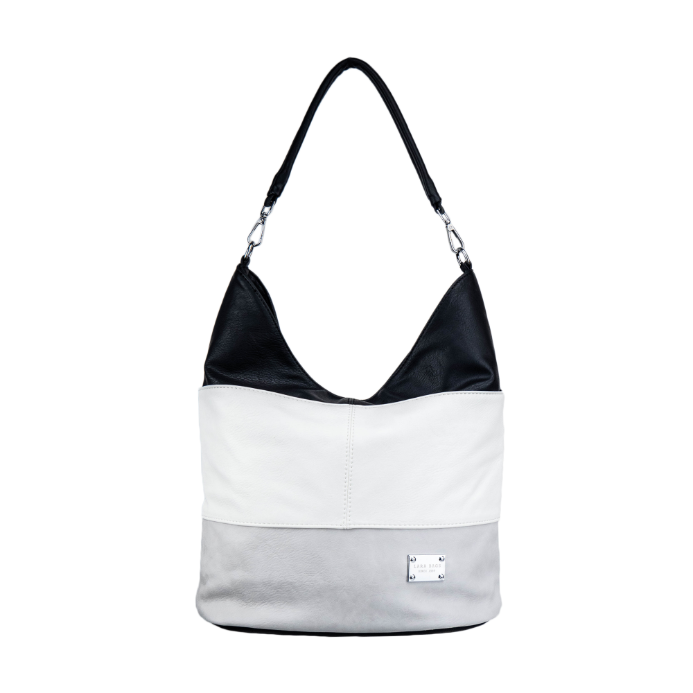 Lara Bags TOMMY dámska koženková kabelka Čierna/Biela/Sivá